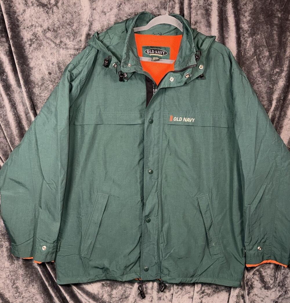 Vintage Old Navy Fleece Lined Jacket XL Green Hooded Nylon Coat 90s Rare